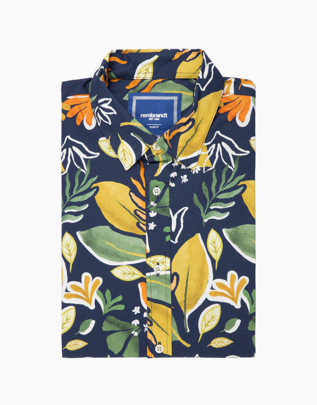 Waihi Navy Large Painted Leaf Print Short Sleeve Shirt