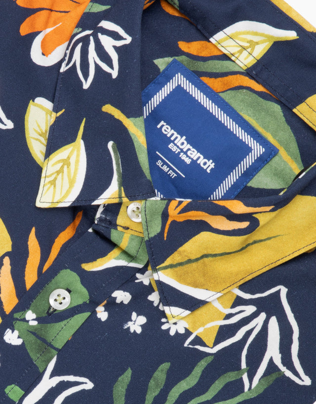 Waihi Navy Large Painted Leaf Print Short Sleeve Shirt