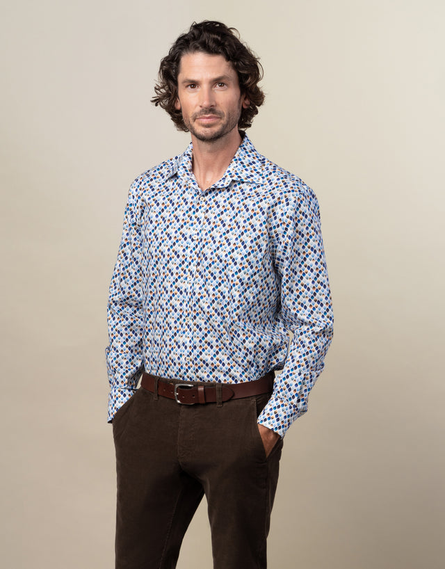 Sinatra White Blue & Beige Geo Print Shirt