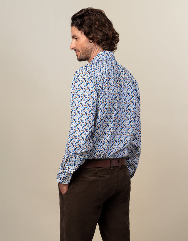 Sinatra White Blue & Beige Geo Print Shirt