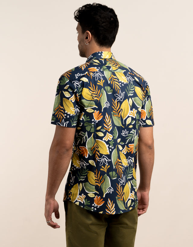 Waihi Navy Large Painted Leaf Print Short Sleeve Shirt